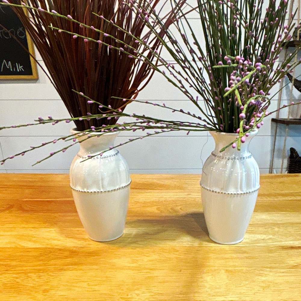 Set of 2 White Glossy Ceramic Bottle Vases With Beaded Detail, 7" Tall
